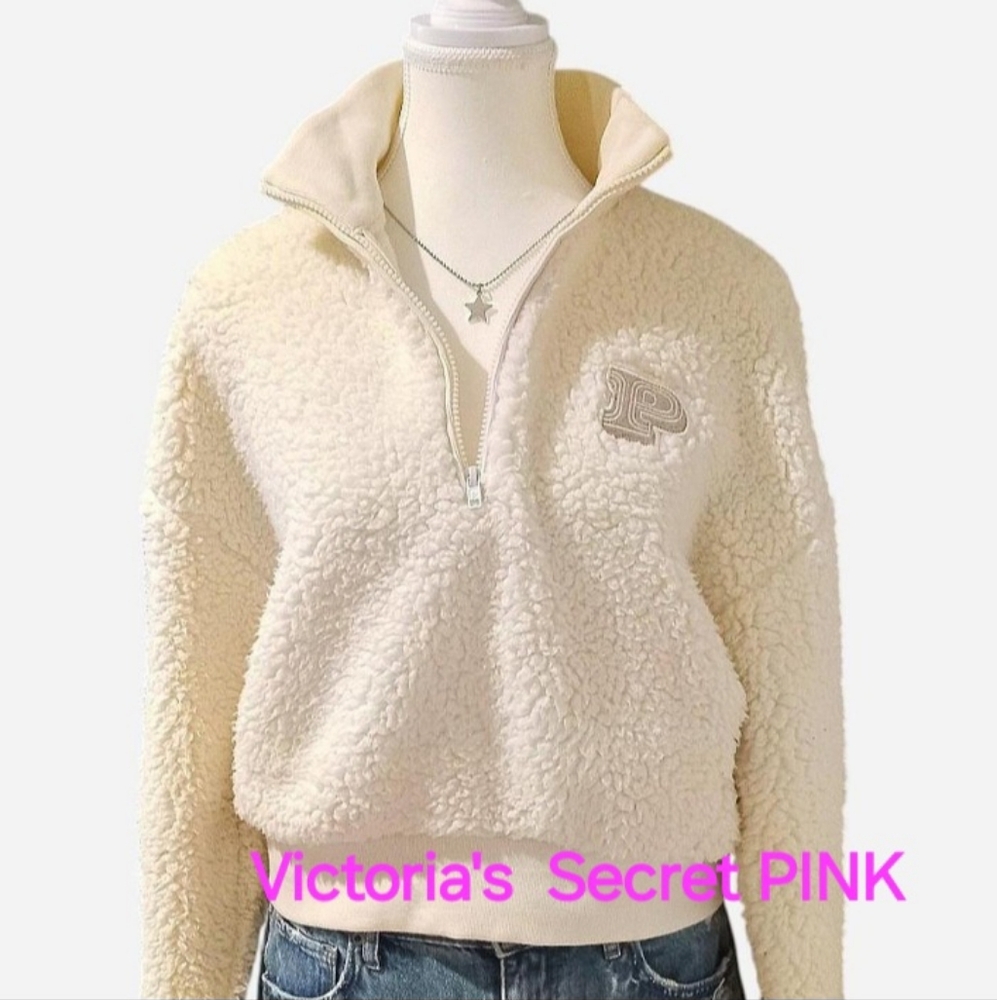 Victoria's Secret PINK White Cream Sherpa Pullover Quarter Zip Fleece Jumper
